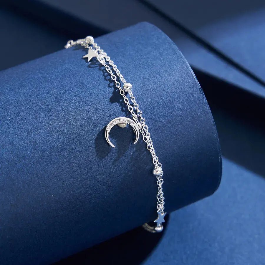 925 Sterling Silver Bracelet – Star & Moon Zircon, White Gold Plated - Nikoleit