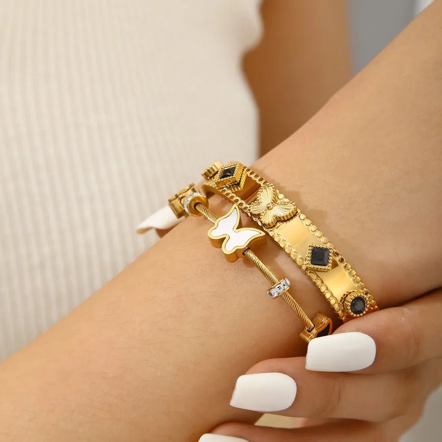 Elegant Fashion High - end Geometric Butterfly Inlaid Shell Zircon Stainless Steel 18k Gold Plated Women's Bracelet All Seasons - Nikoleit