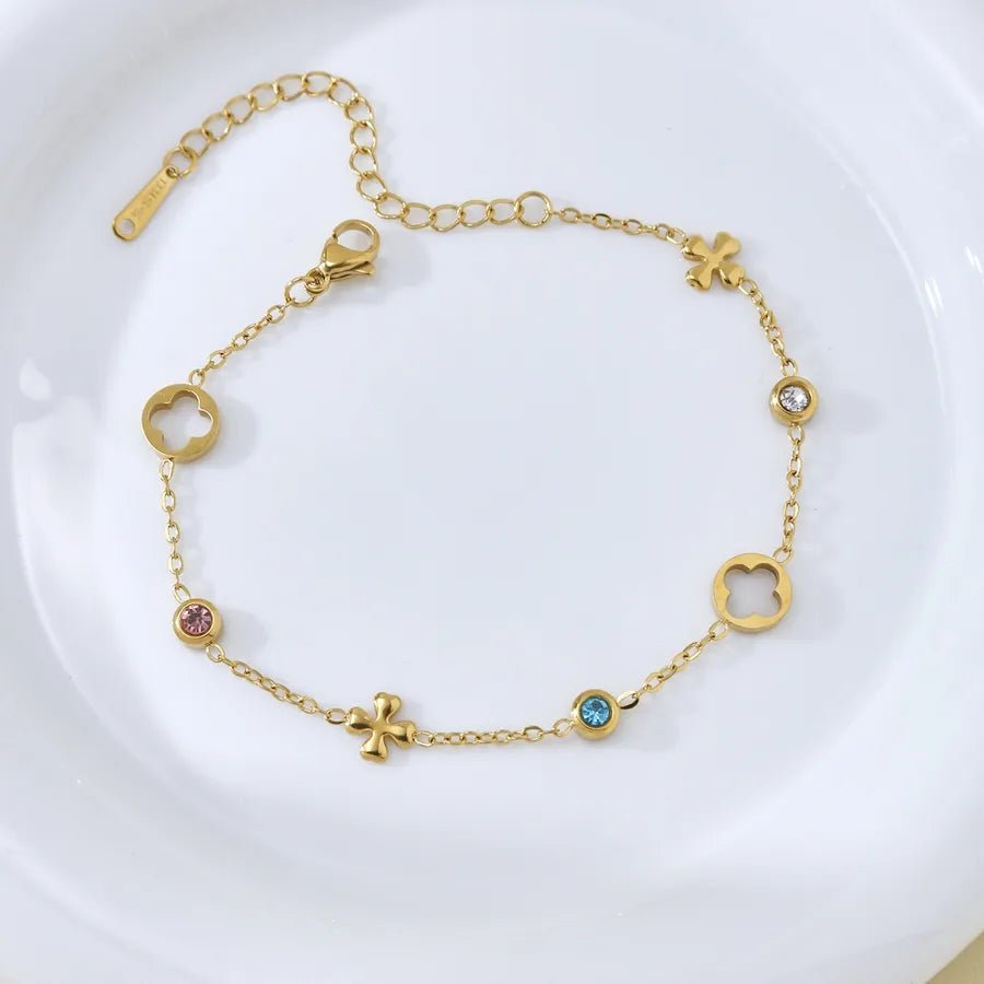 Elegant Fashion Simple High - end Sense Hollow Geometric Flower Inlaid Colorful Zircon Stainless Steel 18k Gold Plated Women's Bracelet All Seasons - Nikoleit