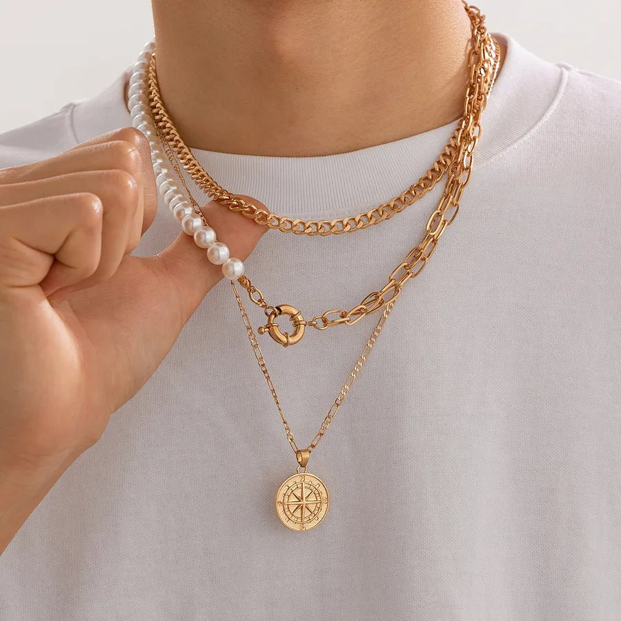 Elegant Men's Pearl Necklace Set Cross Chain Design Luxury Minimalist Style Retro Feel Alloy and Imitation Pearl Jewelry - Nikoleit