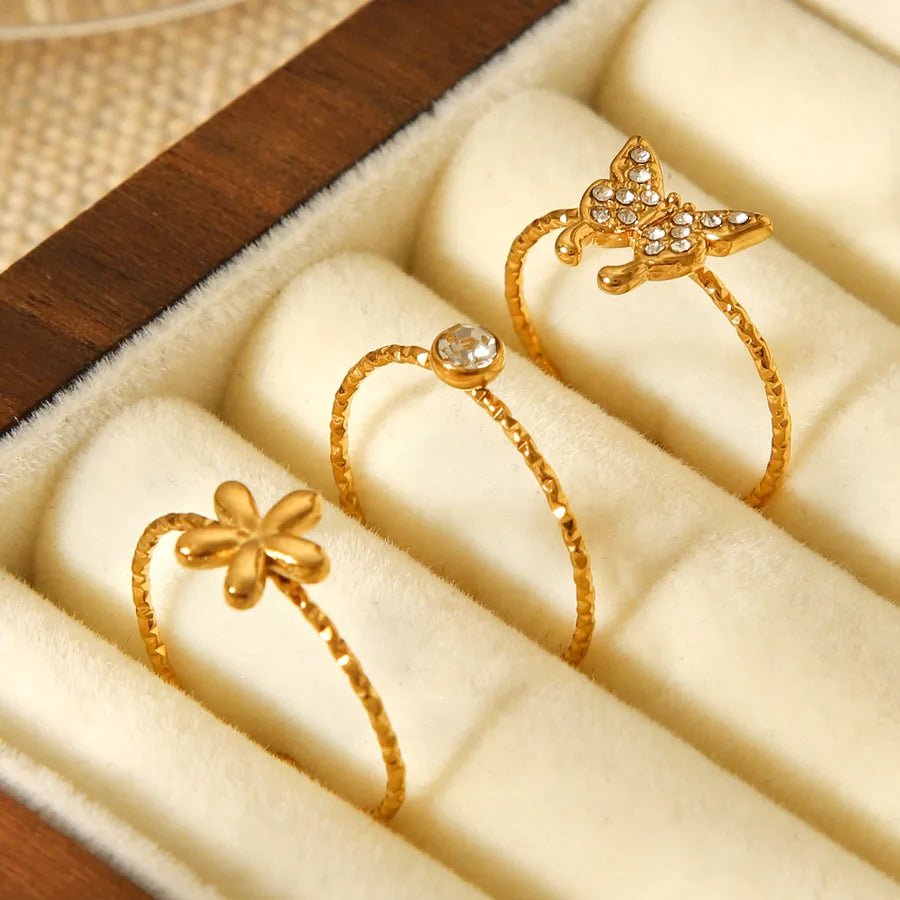 Luxurious Stainless Steel Butterfly Floral Three - Piece Set Ins Style Embedded Zirconia Titanium Steel Ring For Women Daily Wear Gold Color - Nikoleit