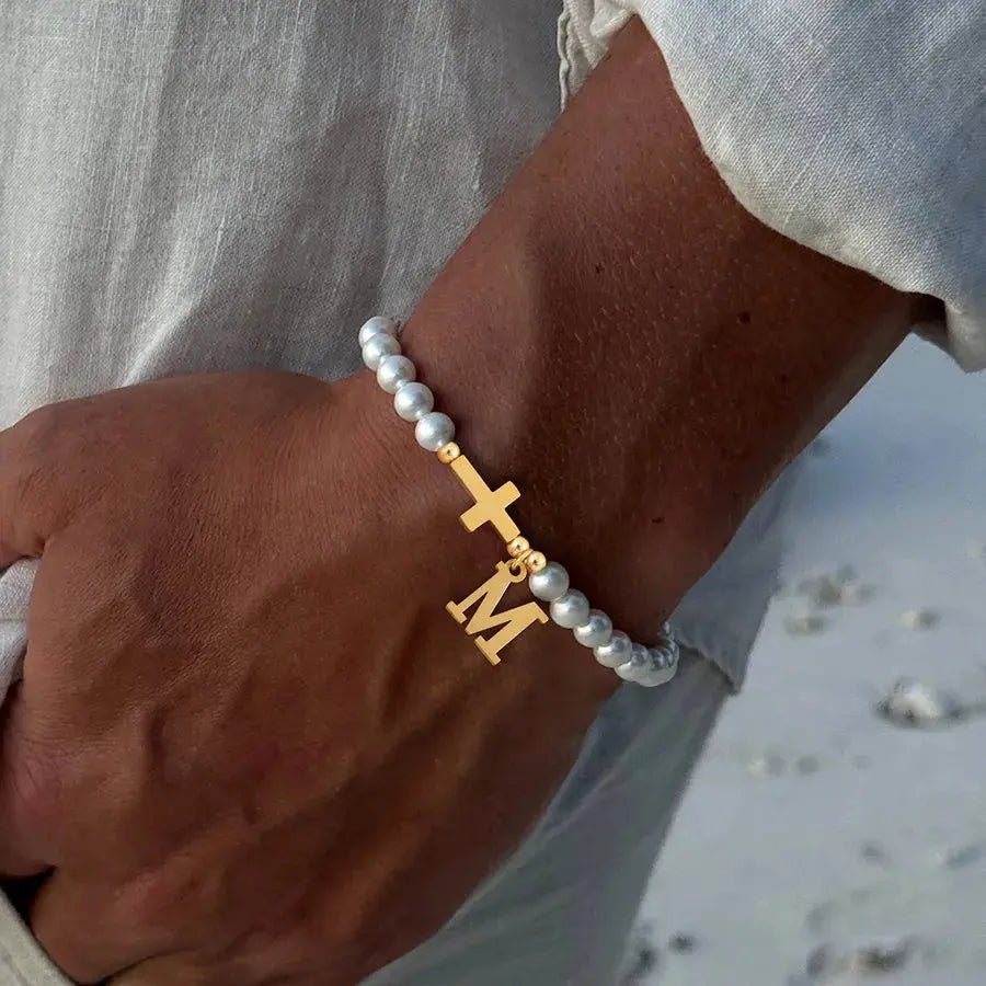 Men's Bracelet with Cross & Pearls - Gold Plated Retro Design - Nikoleit