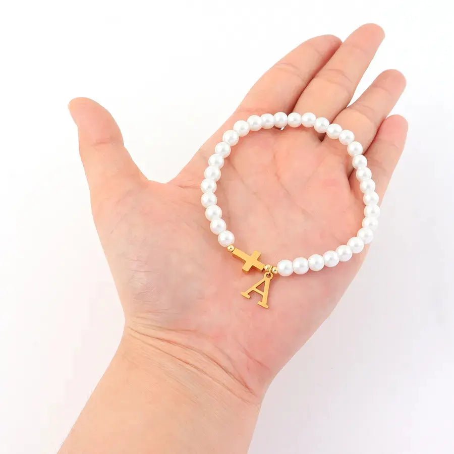 Men's Bracelet with Cross & Pearls - Gold Plated Retro Design - Nikoleit