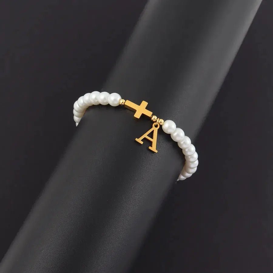 Men's Bracelet with Cross & Pearls - Gold Plated Retro Design - Nikoleit