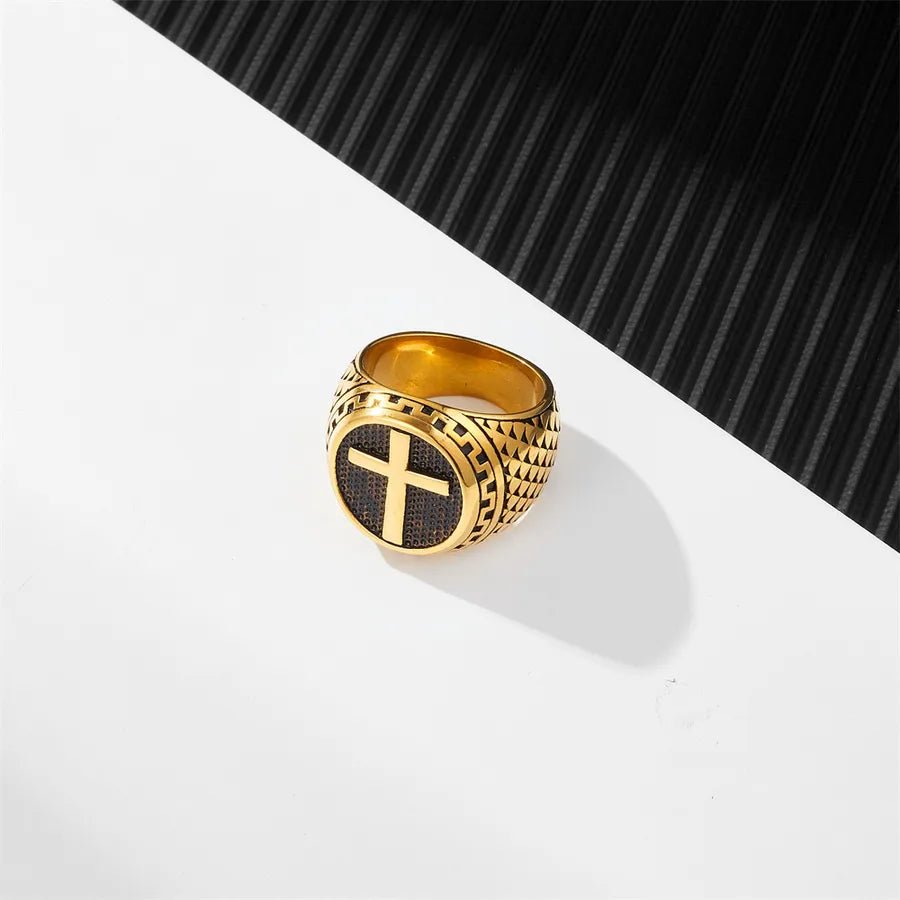 Punk Cross Signet Ring – Gold & Black Steel Edition - Nikoleit
