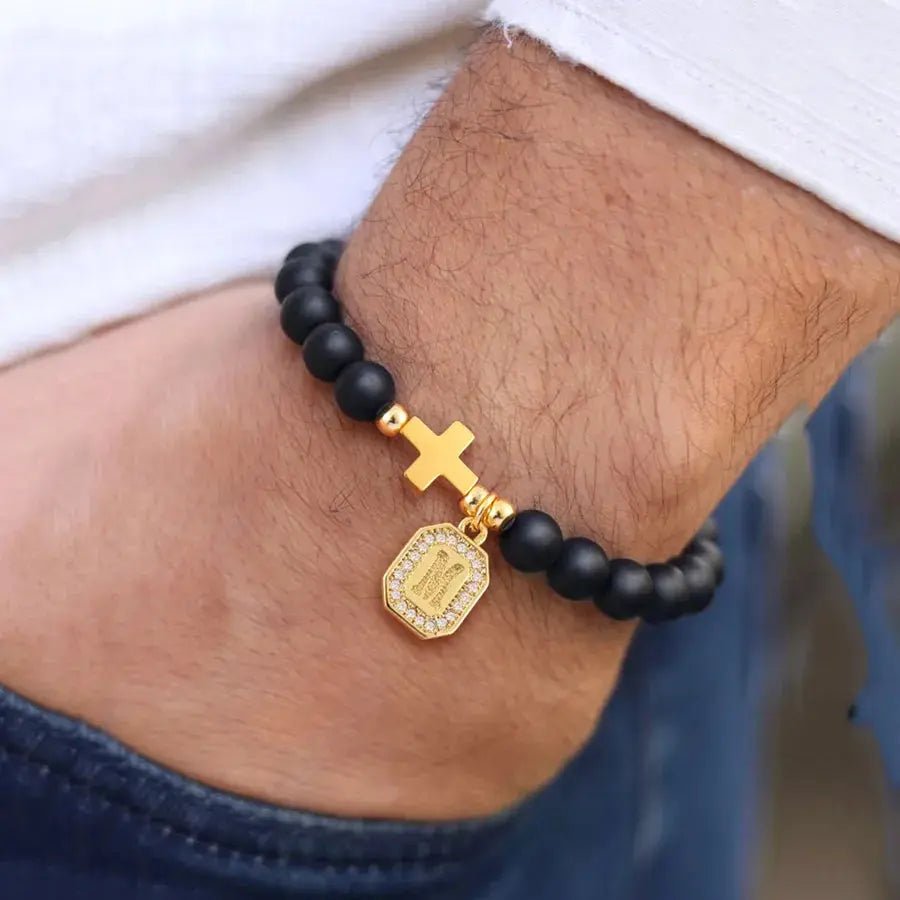 Square Cross Men’s Bracelet – Stainless Steel & Zircon Beads - Nikoleit