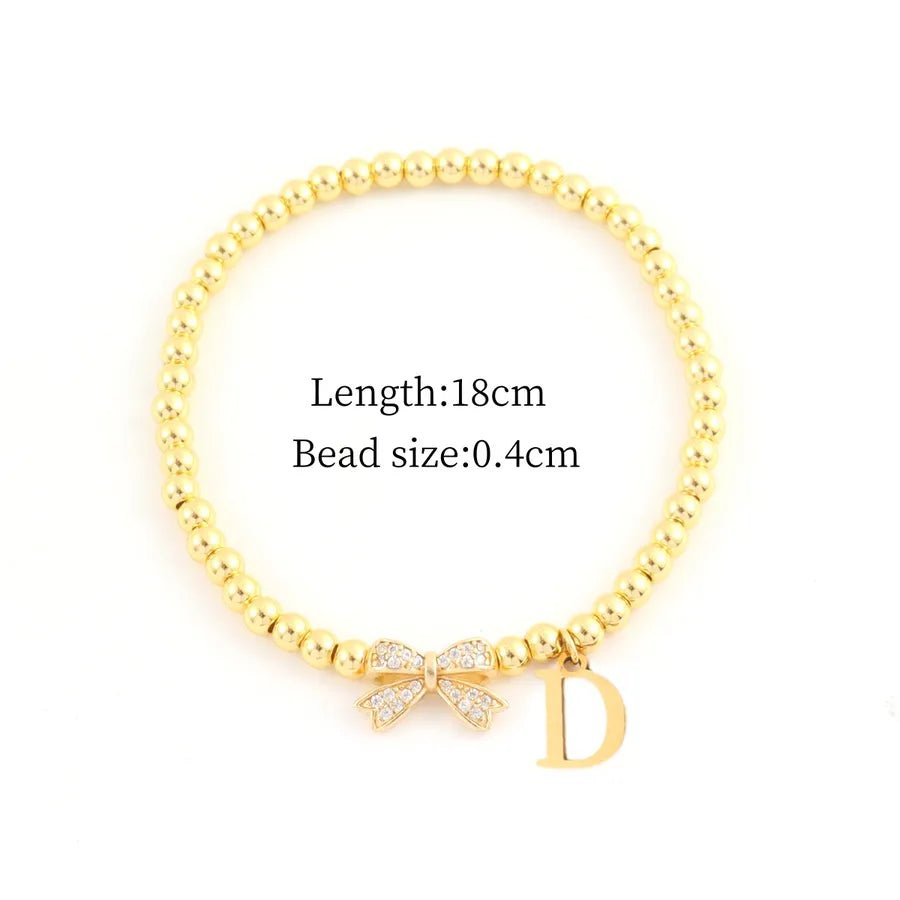 Vacuum Plating 18K Real Gold Plated Letter Bow Knot 201 Stainless Steel Copper Vintage Style Sweet Simple Style Slip - on Bracelets - Nikoleit