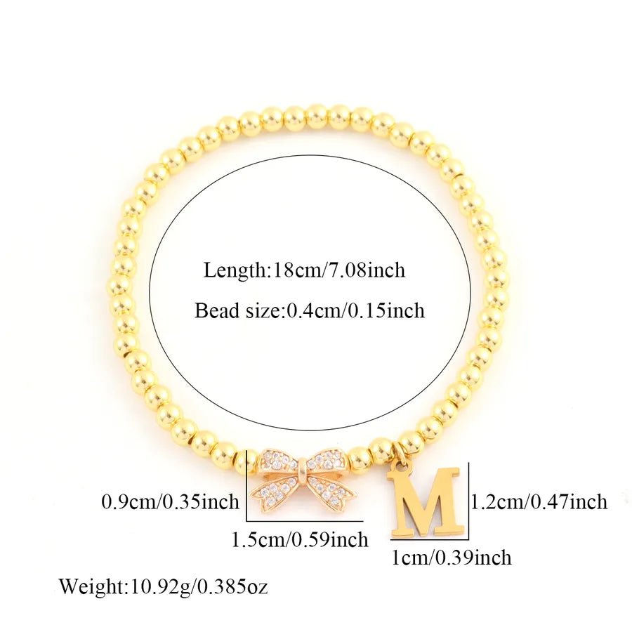 Vacuum Plating 18K Real Gold Plated Letter Bow Knot 201 Stainless Steel Copper Vintage Style Sweet Simple Style Slip - on Bracelets - Nikoleit