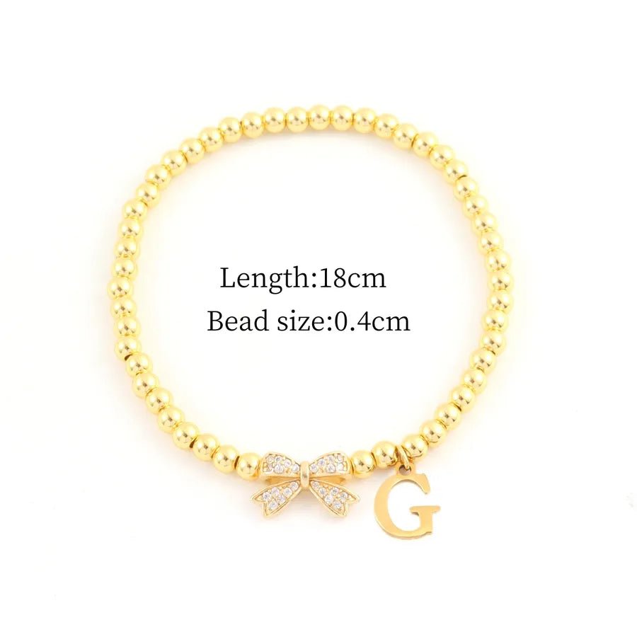 Vacuum Plating 18K Real Gold Plated Letter Bow Knot 201 Stainless Steel Copper Vintage Style Sweet Simple Style Slip - on Bracelets - Nikoleit