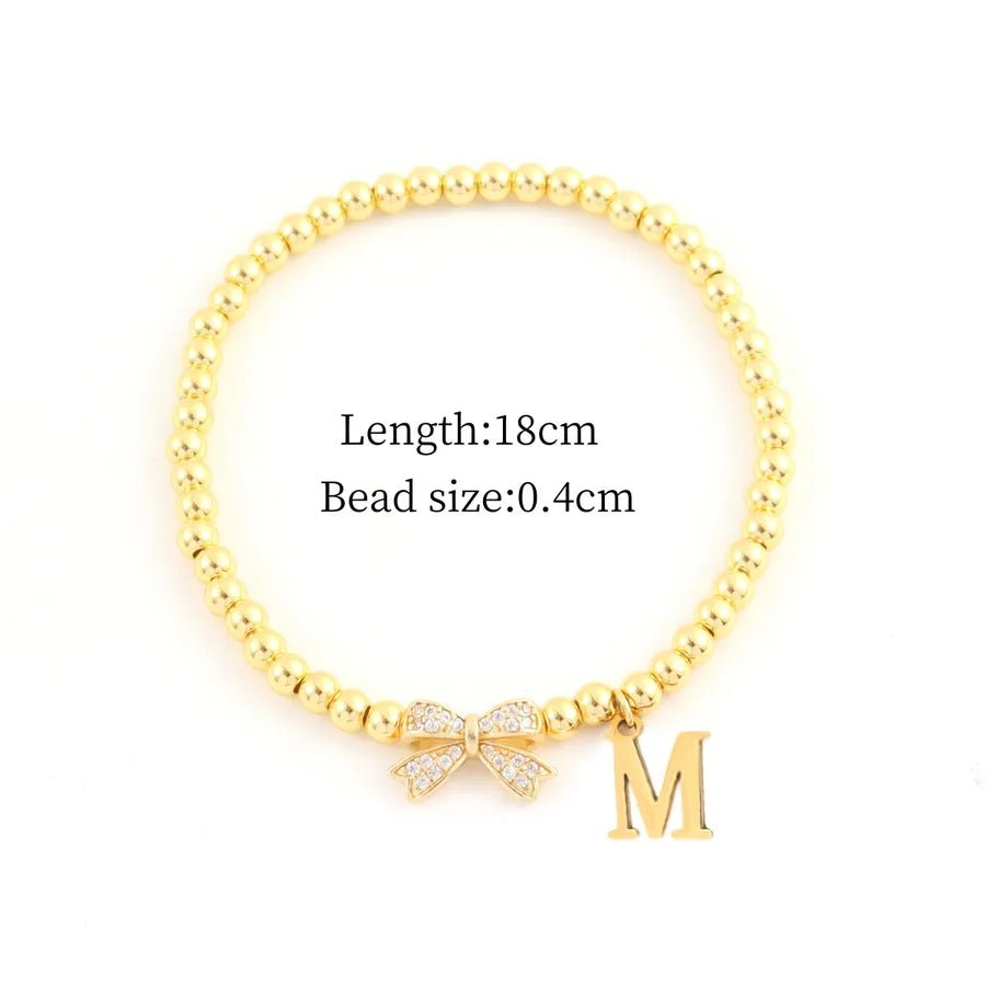 Vacuum Plating 18K Real Gold Plated Letter Bow Knot 201 Stainless Steel Copper Vintage Style Sweet Simple Style Slip - on Bracelets - Nikoleit
