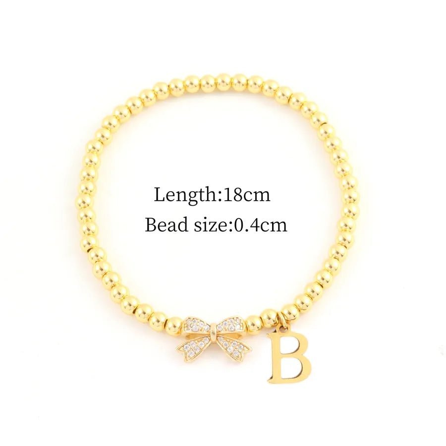 Vacuum Plating 18K Real Gold Plated Letter Bow Knot 201 Stainless Steel Copper Vintage Style Sweet Simple Style Slip - on Bracelets - Nikoleit
