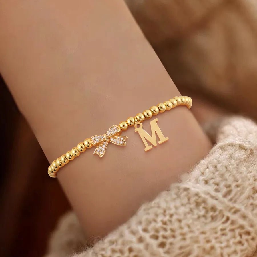 Vacuum Plating 18K Real Gold Plated Letter Bow Knot 201 Stainless Steel Copper Vintage Style Sweet Simple Style Slip - on Bracelets - Nikoleit