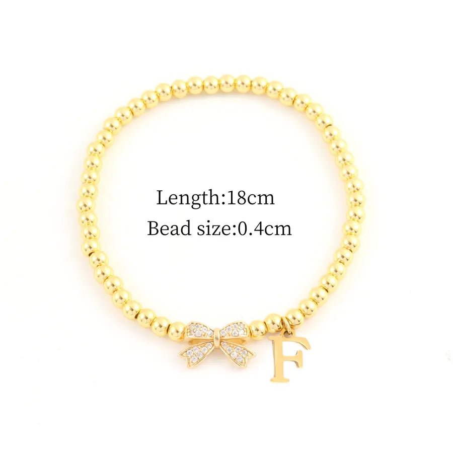 Vacuum Plating 18K Real Gold Plated Letter Bow Knot 201 Stainless Steel Copper Vintage Style Sweet Simple Style Slip - on Bracelets - Nikoleit