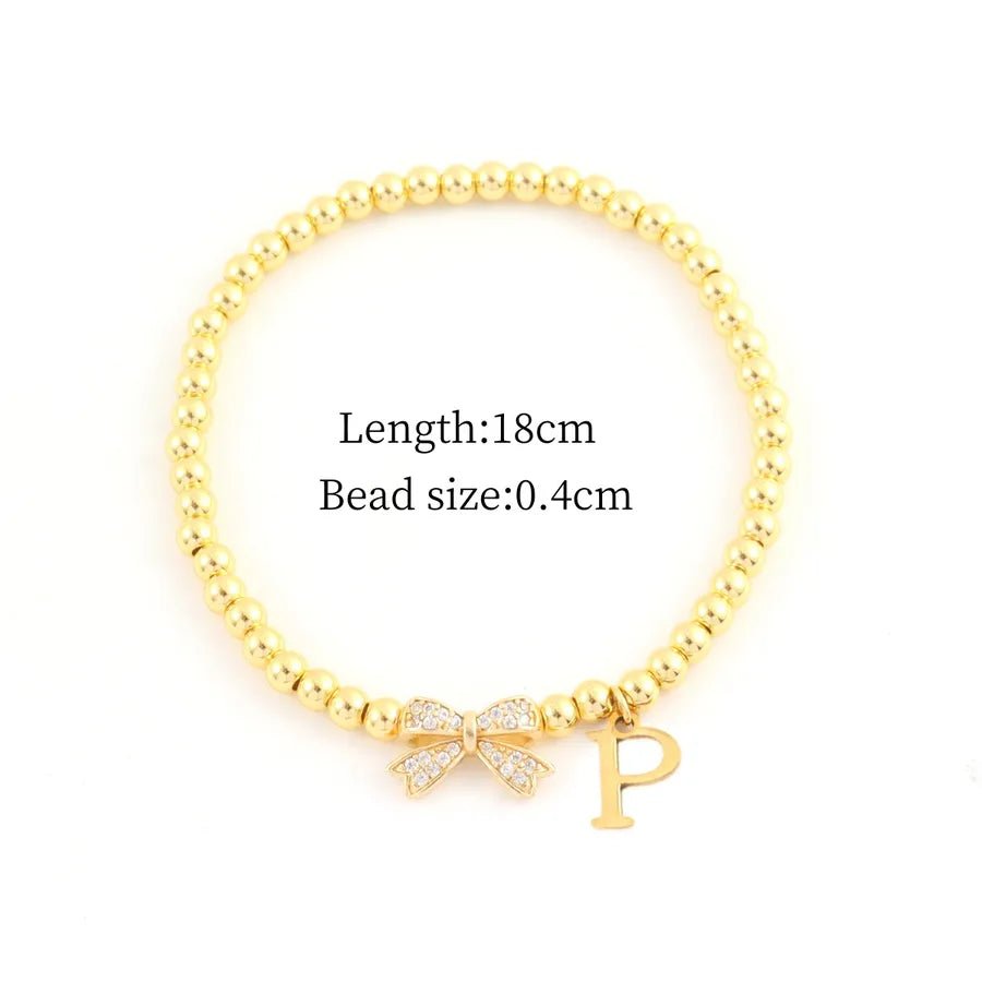 Vacuum Plating 18K Real Gold Plated Letter Bow Knot 201 Stainless Steel Copper Vintage Style Sweet Simple Style Slip - on Bracelets - Nikoleit