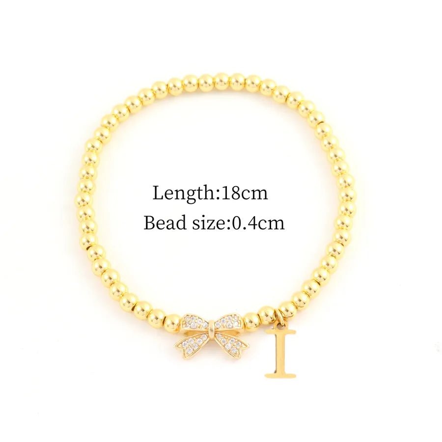 Vacuum Plating 18K Real Gold Plated Letter Bow Knot 201 Stainless Steel Copper Vintage Style Sweet Simple Style Slip - on Bracelets - Nikoleit
